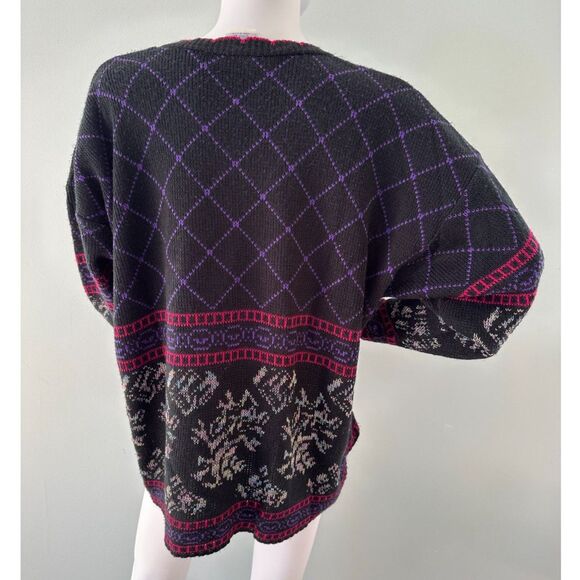 80s Vintage Geometric Floral Knit Sweater Black with Purple and Pink size XL - Picture 2 of 8